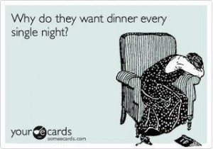 Drawing of woman lamenting the need to make dinner nightly on www.adventuresinexpatland.com